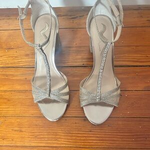 Tan Suede Heels with T-Strap Design